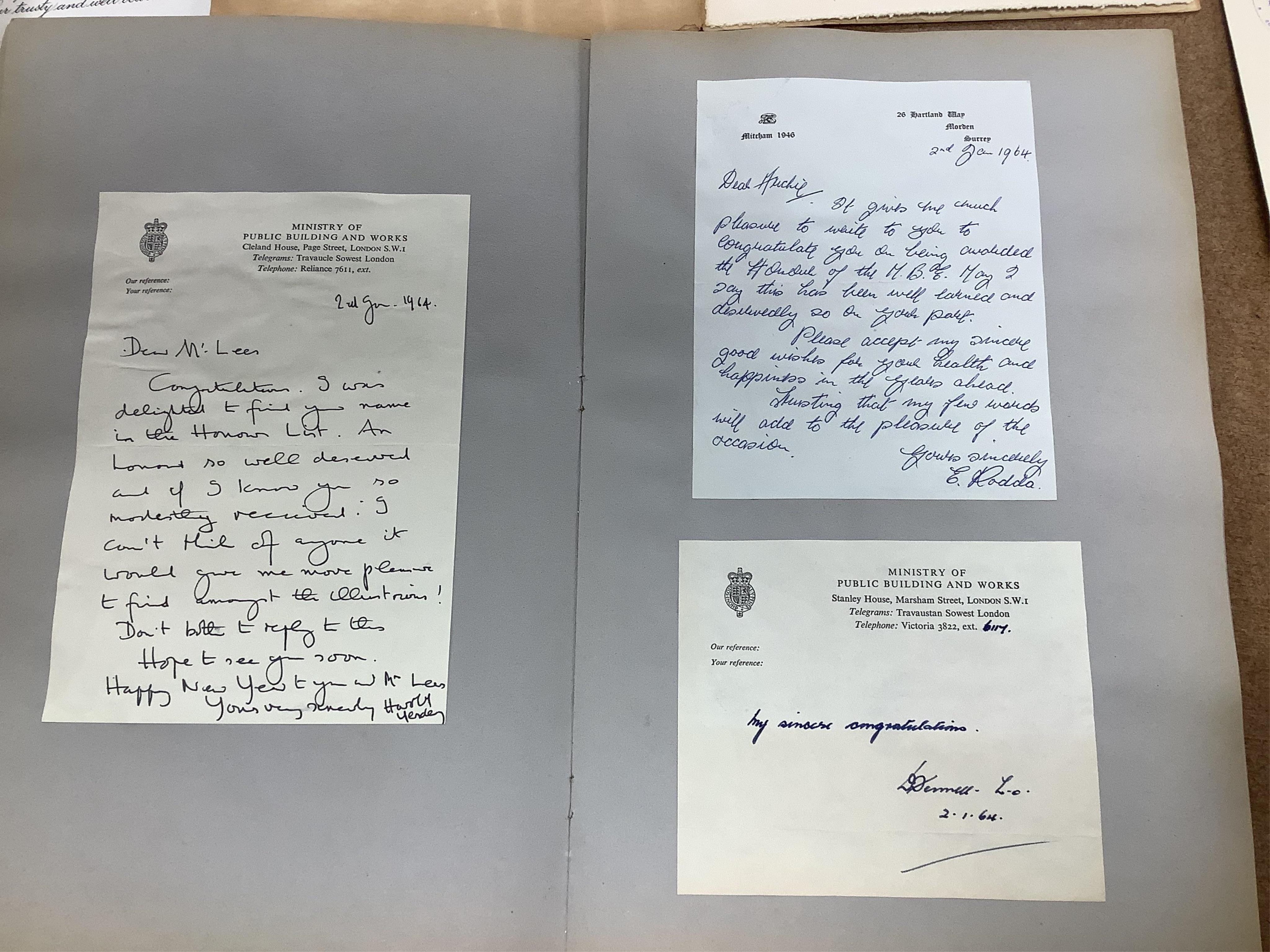 An MBE for Archibald Lees with miniature and an Imperial Service Medal for Thomas Lees, a silver coaster and silver match case with coronet over ‘E’ and ‘Holyrood 1925’ to reverse